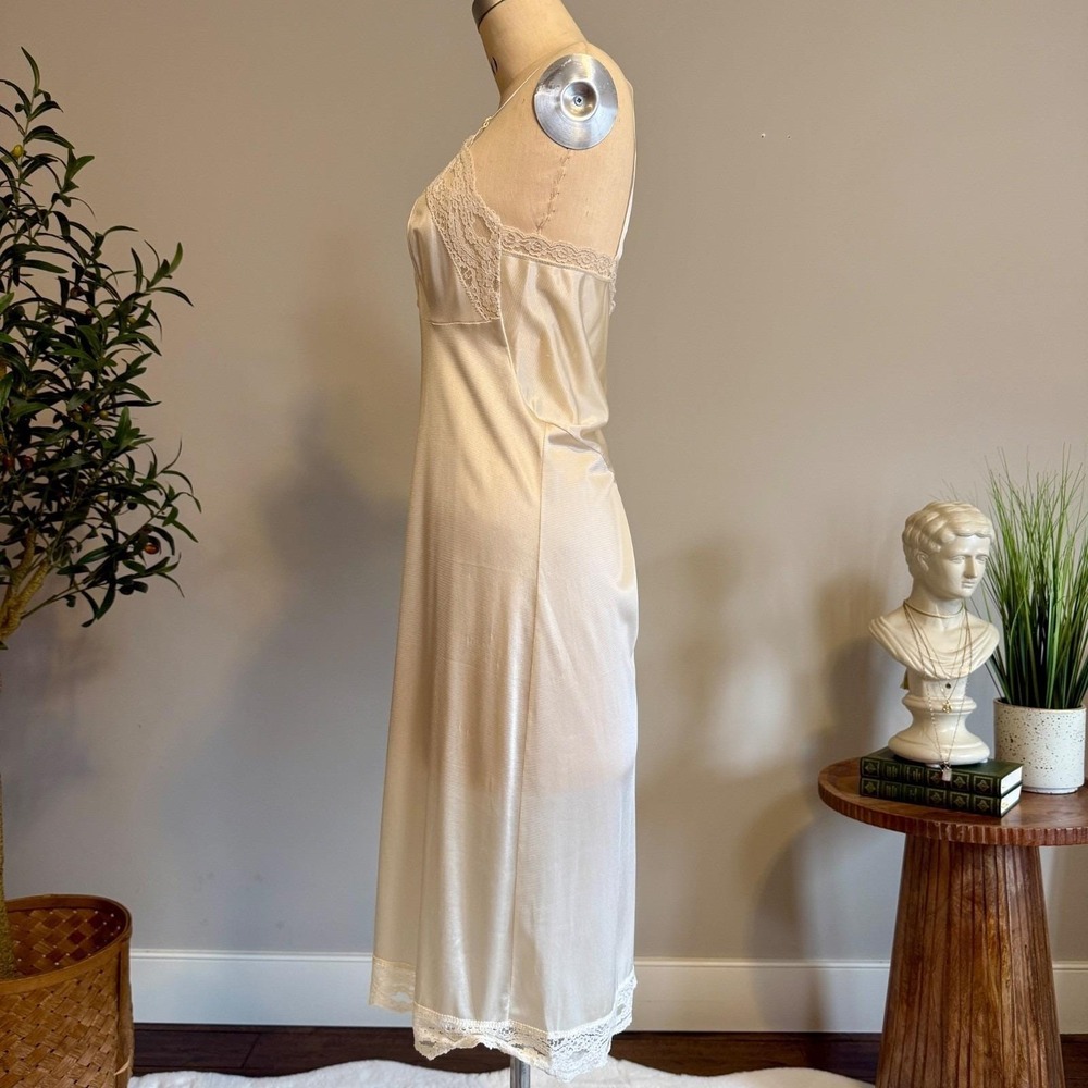 Ivory Satin Slip Nightgown Lace Trim V-Neck Adjustable Straps Lace Hem Coquette - Picture 4 of 14
